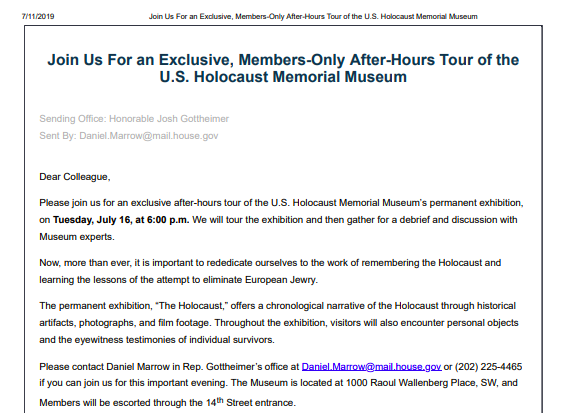 A letter from a bipartisan group invites members of Congress to tour the Holocaust Museum.